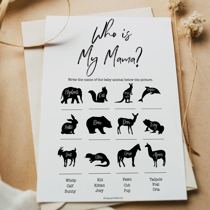 White Gender Neutral Who is My Mommy Animal Game, Who is my Mama Game, Baby Shower Games, Baby Shower, Who is my Mama, Animal Baby Game fun baby games, popular baby games