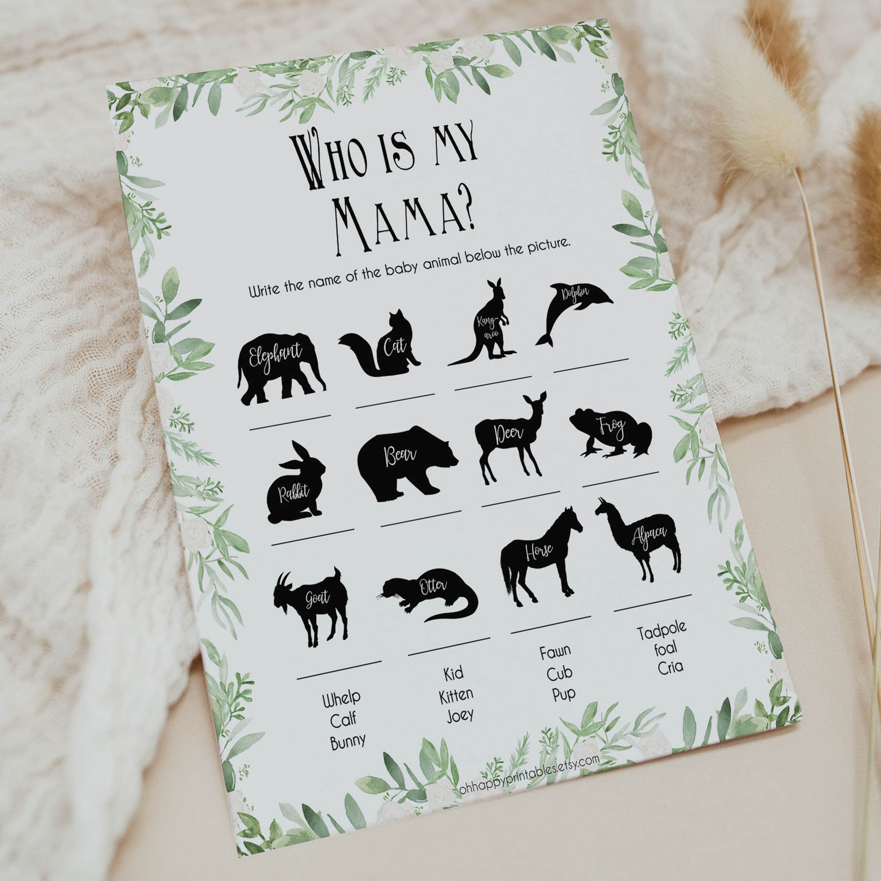 Greenery Who is My Mommy Animal Game, Leaf Who is my Mama Game, Baby Shower Games, Baby Shower Ideas, Who is my Mama, Animal Baby Game, printable baby games, fun baby games, popular baby games