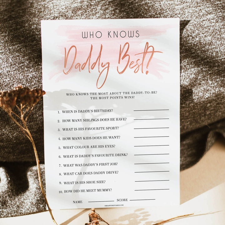 Pink Swash Who Knows Daddy Best, How Well Do you Know Daddy Games, Who Knows Daddy Game, Pink Baby Shower Games, Printable Baby Shower, printable baby shower games, fun baby shower games, popular baby shower games