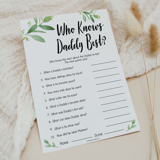 Botanical Who Knows Daddy Best, How Well Do you Know Daddy Games, Greenery Who Knows Daddy Game, Baby Shower Games, Leaf Baby Shower 