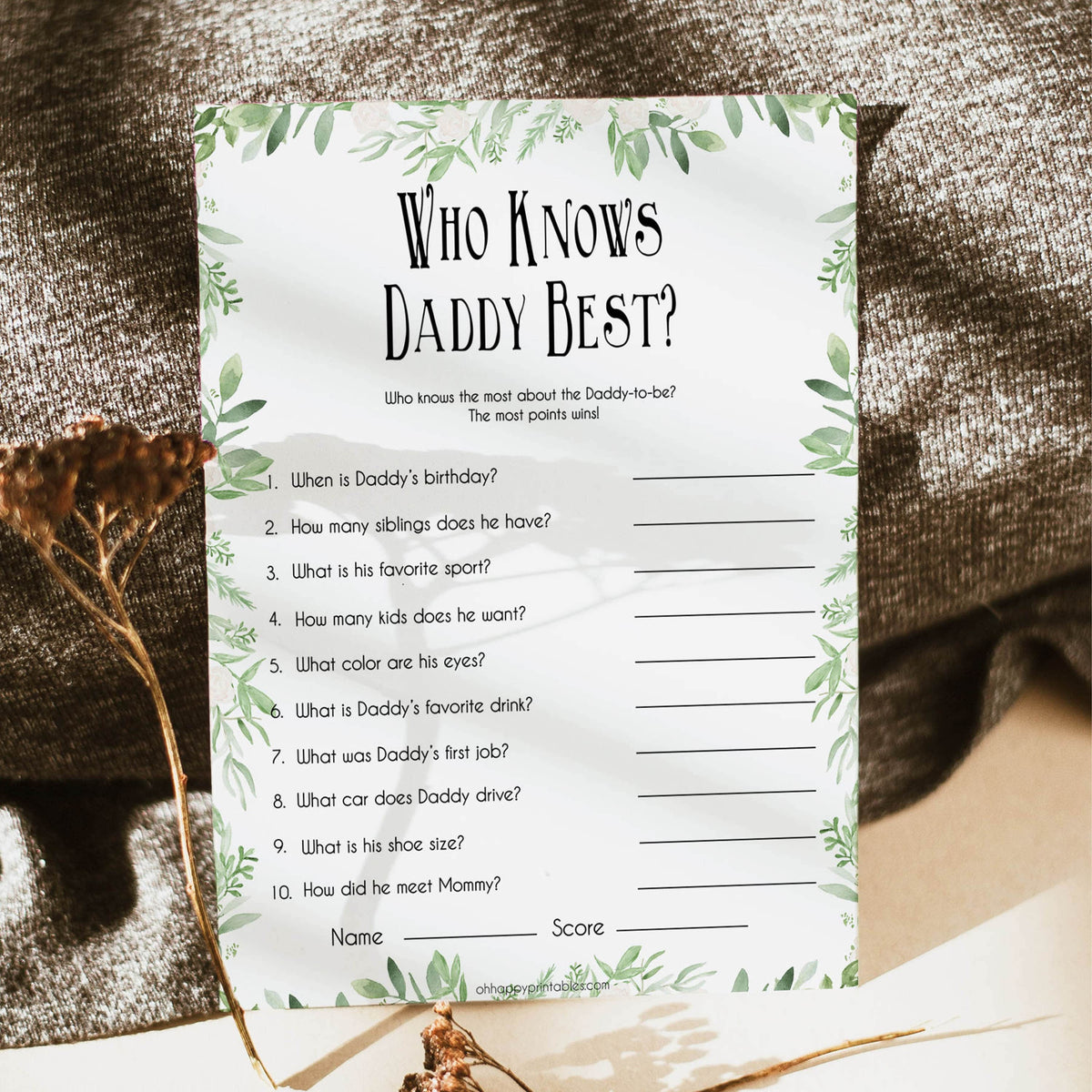 Greenery Who Knows Daddy Best, How Well Do you Know Daddy Games, Green Leaf Who Knows Daddy Game, Baby Shower Games, Leaf Baby Shower, printable baby games, fun baby games, popular baby games