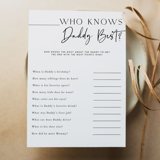 Printable baby shower game Who Knows Daddy Best with a modern minimalist design