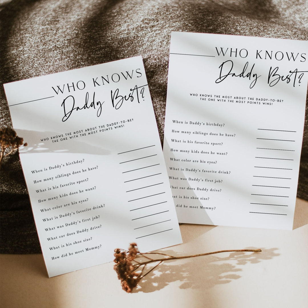 Printable baby shower game Who Knows Daddy Best with a modern minimalist design