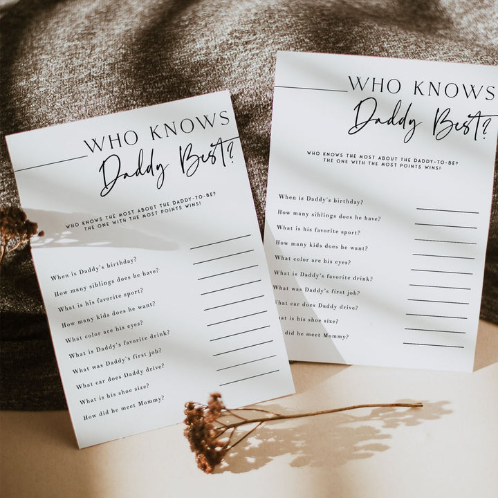 Printable baby shower game Who Knows Daddy Best with a modern minimalist design