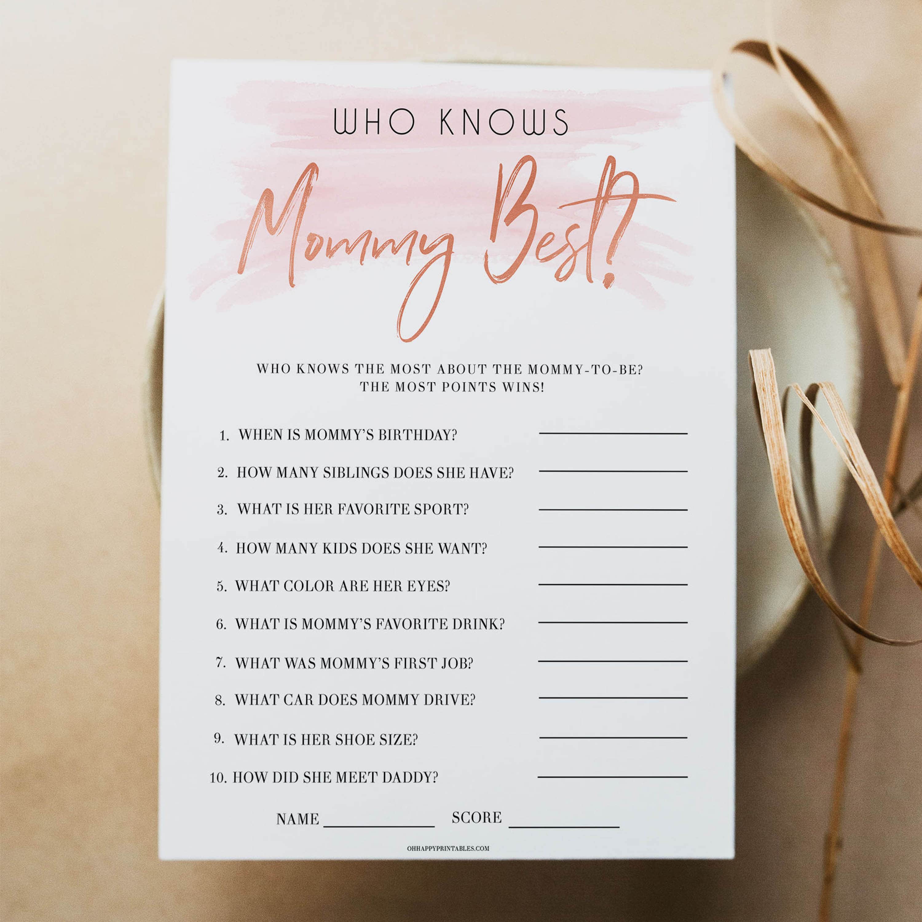 Pink Swash Who Knows Mommy Best Quiz, Printable Baby Shower Games, Knows Mummy Games, Neutral Baby Shower Games, Fun Baby Shower Games, printable baby shower games, fun baby shower games, popular baby shower games