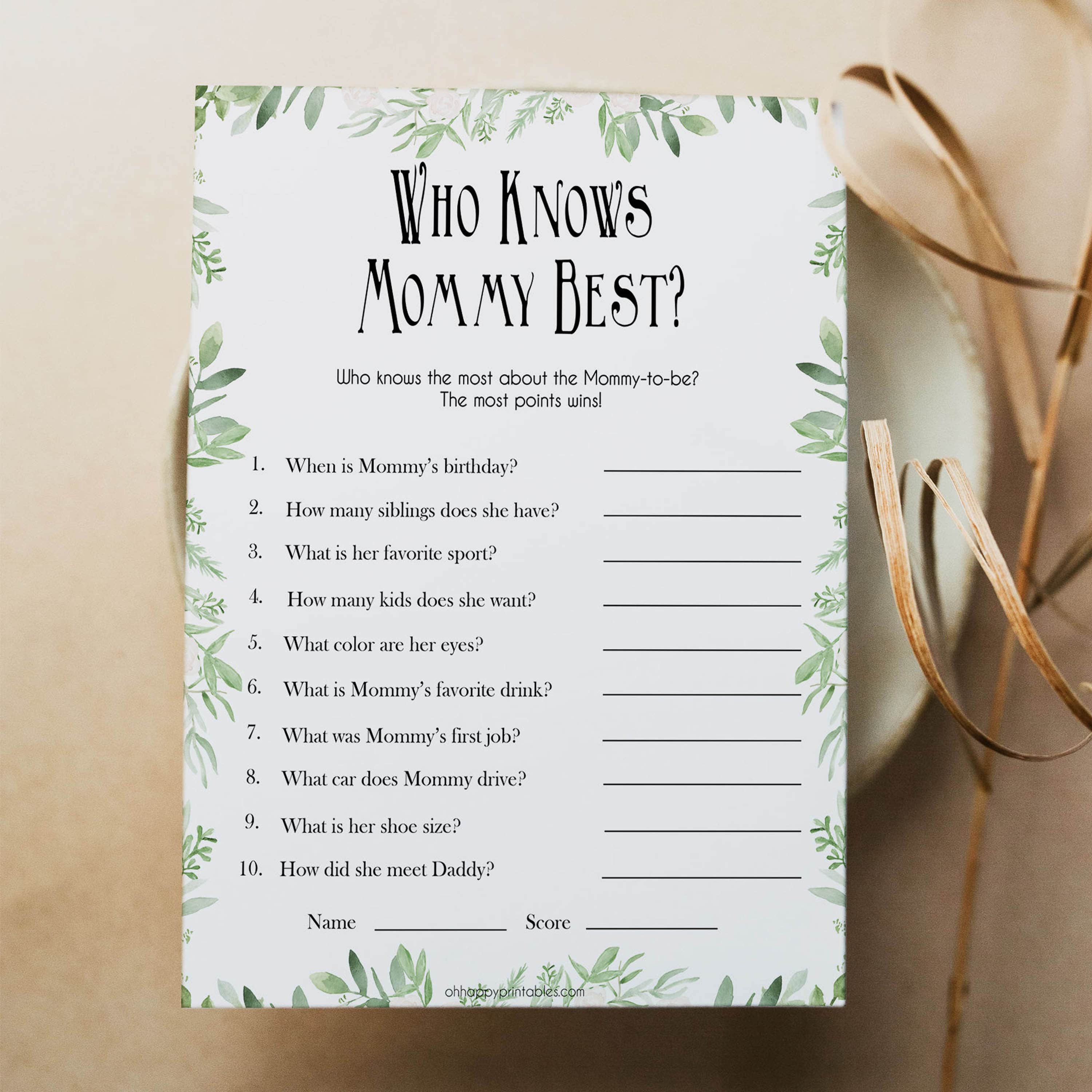 Greenery Who Knows Mommy Best Quiz, Baby Shower Games, Knows Mummy Games, Green Leaf Baby Shower Games, Green Fun Baby Shower Games, printable baby shower games, fun baby games, popular baby games