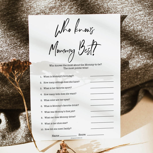 White Gender Neutral Who Knows Mommy Best Quiz, Baby Shower Games, Knows Mummy Games, Neutral Baby Shower Games, Fun Baby Shower Games, popular baby games