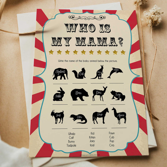 Circus who is my mama baby shower games, circus baby games, carnival baby games, printable baby games, fun baby games, popular baby games, carnival baby shower, carnival theme