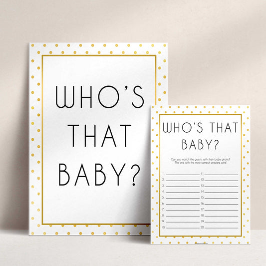 whos that baby game, guess the baby pictures, Printable baby shower games, baby gold dots fun baby games, baby shower games, fun baby shower ideas, top baby shower ideas, gold glitter shower baby shower, friends baby shower ideas