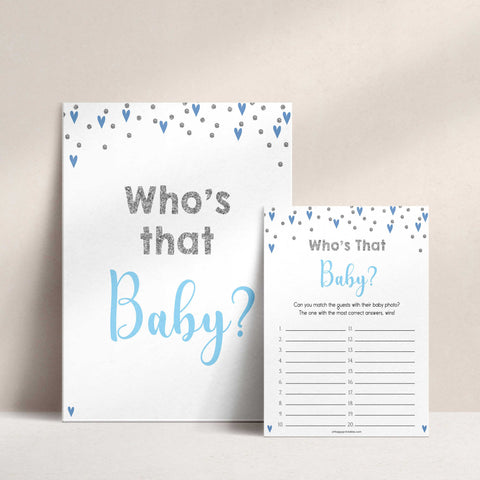 whos that baby game, guess the baby picture game, Printable baby shower games, small blue hearts fun baby games, baby shower games, fun baby shower ideas, top baby shower ideas, silver baby shower, blue hearts baby shower ideas