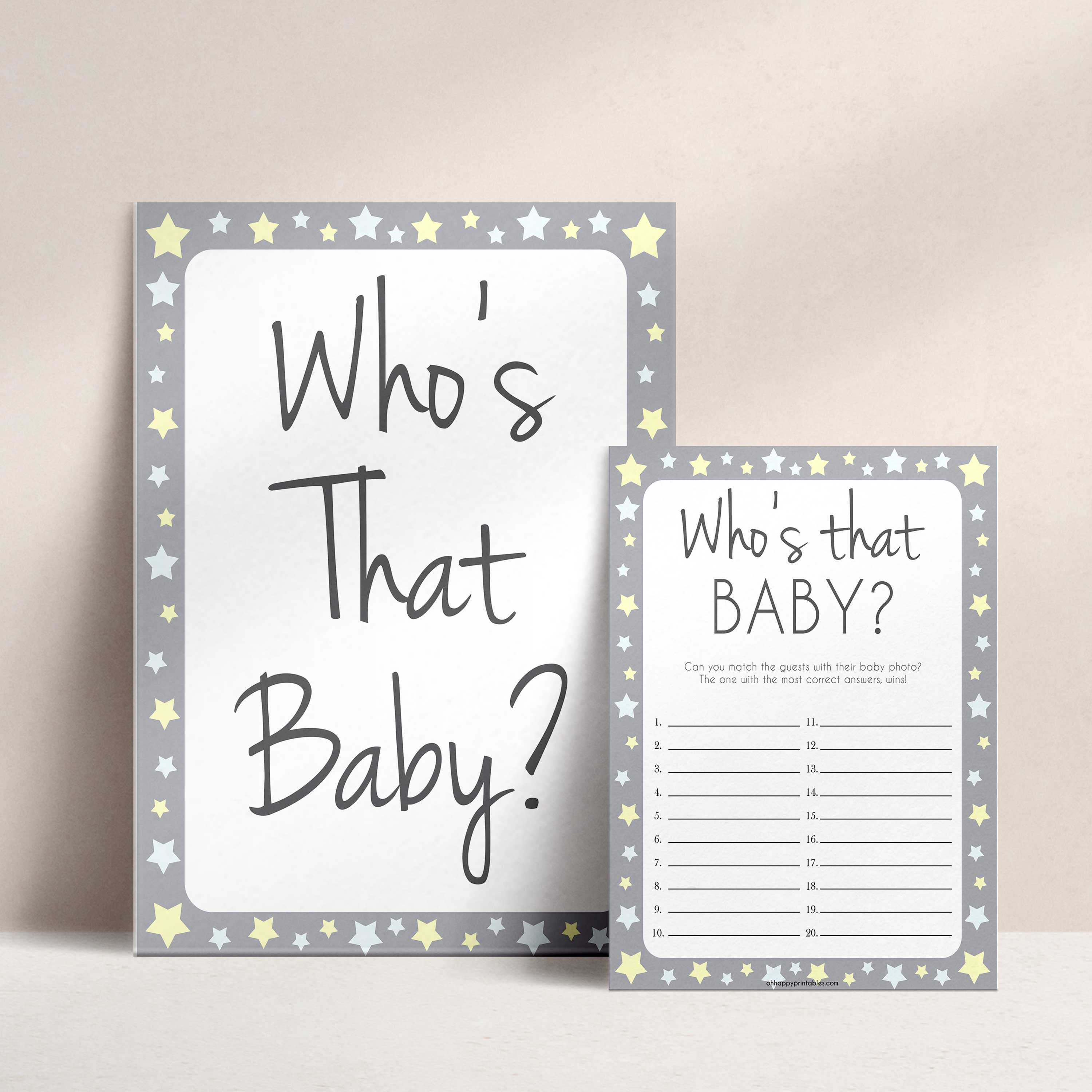 grey & yellow stars, whos that baby, printable baby shower games, fun baby games, top baby shower games, star baby games, little star baby shower
