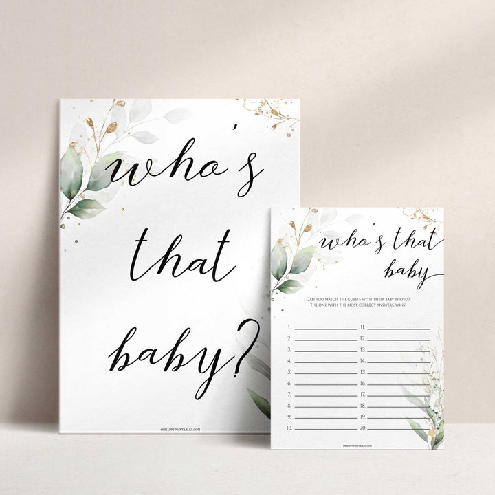 Gold green leaf baby games, whos that baby, who's that baby picture, printable baby games, fun baby games, top baby games to play, gold leaf baby shower, greenery baby shower ideas