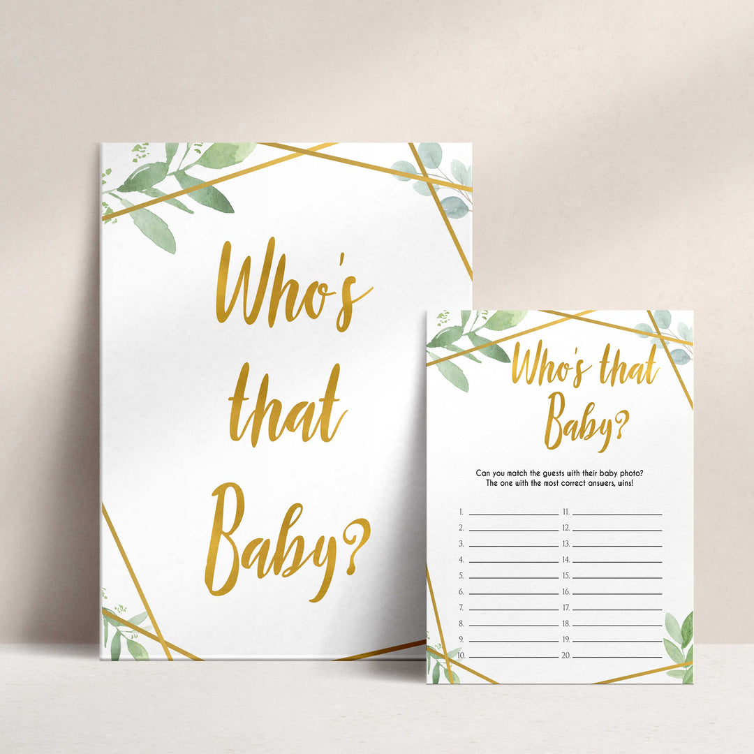 Whos that baby game, guess the baby photo, Printable baby shower games, geometric fun baby games, baby shower games, fun baby shower ideas, top baby shower ideas, gold baby shower, blue baby shower ideas