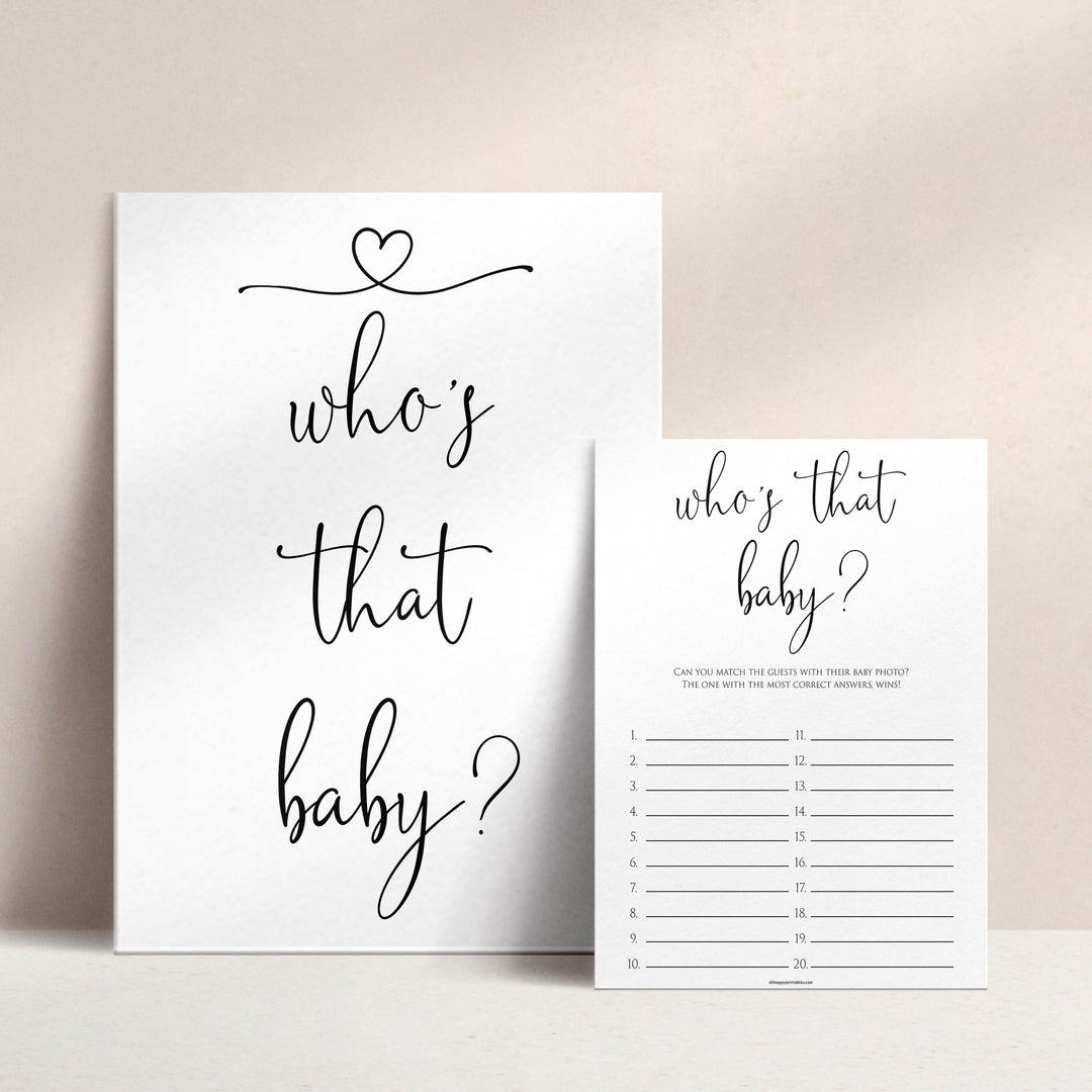 minimalist who's that baby game, printable baby games, simple baby shower ideas, fun baby games, top baby games