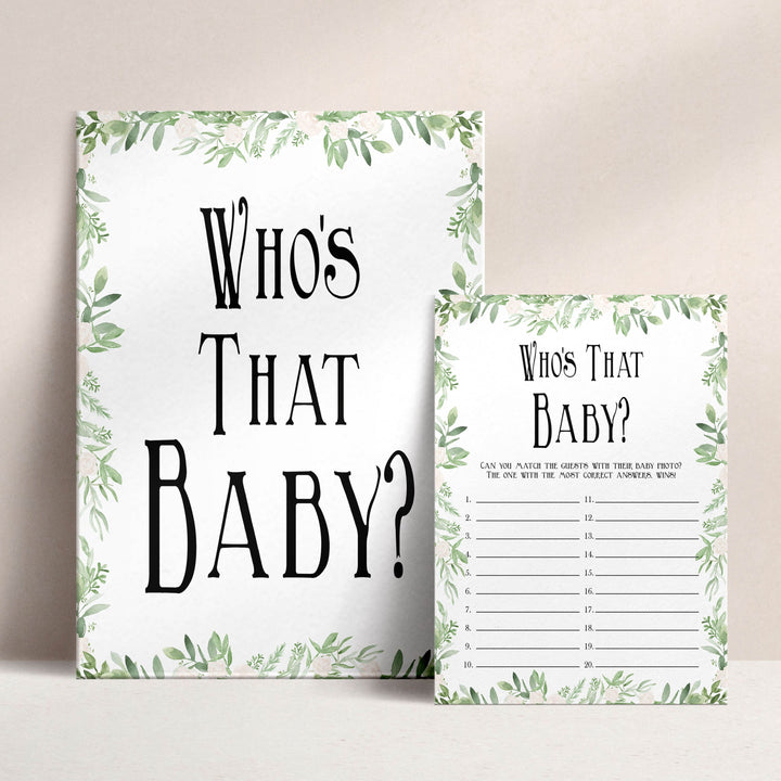 whos that baby game, guess the baby photo game, Printable baby shower games, greenery baby shower games, fun floral baby games, botanical baby shower games,