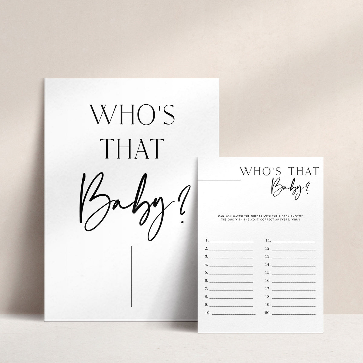 Printable baby shower game Who's That Baby with a modern minimalist design