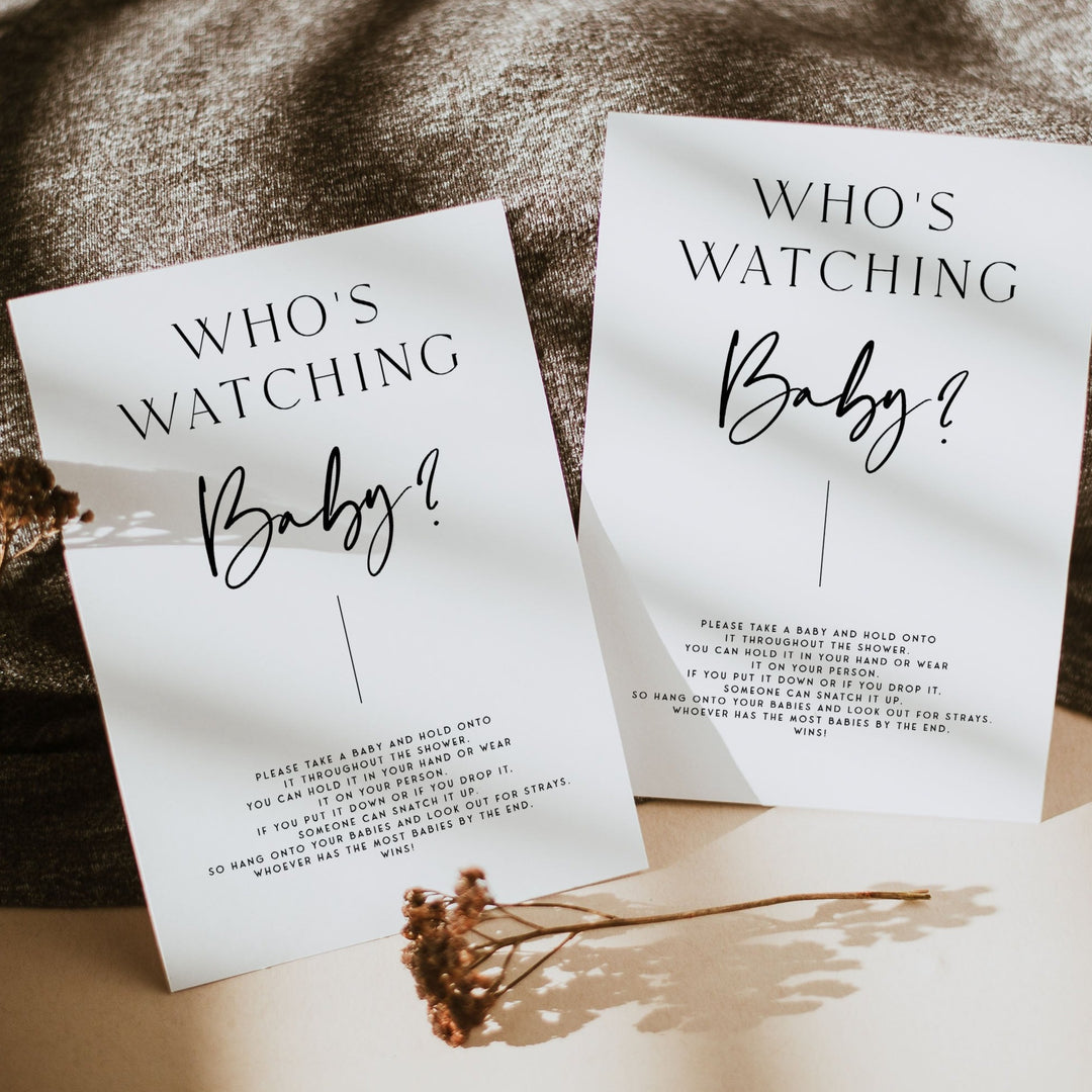 Printable baby shower game Who's Watching Baby with a modern minimalist design