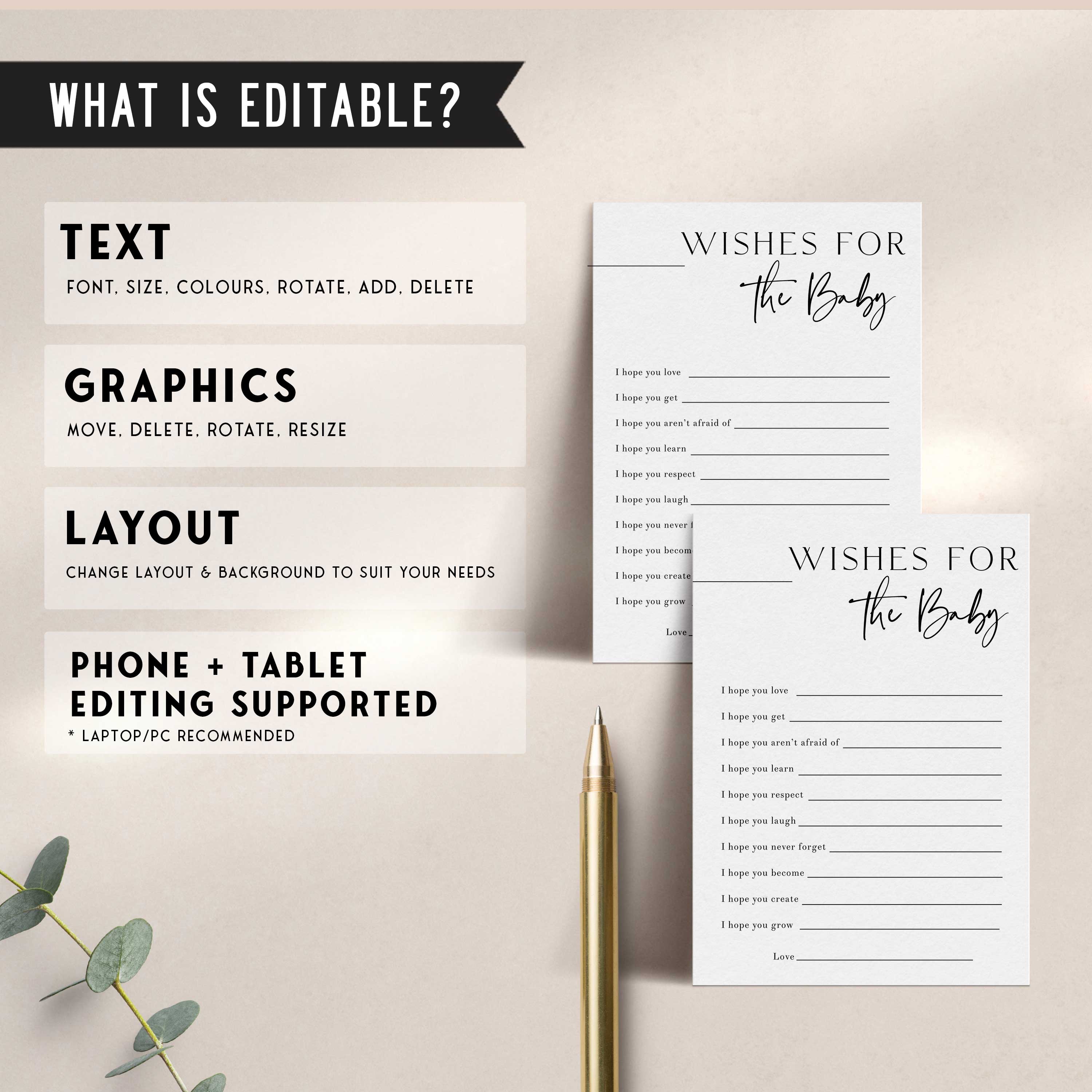 Printable baby shower game Wishes For The Baby with a modern minimalist design