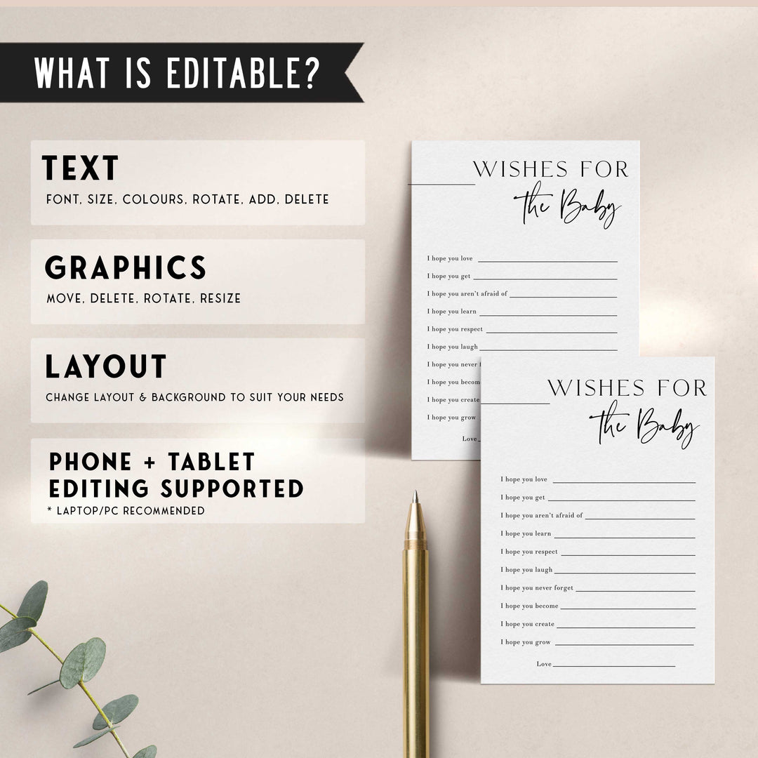 Printable baby shower game Wishes For The Baby with a modern minimalist design