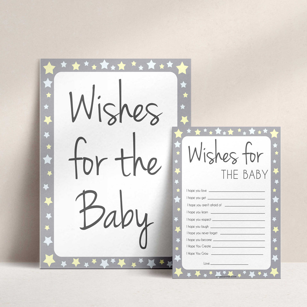 Grey Yellow Stars Wishes For The Baby, Baby Wishes, Wishes for The Baby, Grey Baby Shower, Baby Shower Baby Wishes, Baby Wishes Cards, fun baby shower games, popular baby shower games