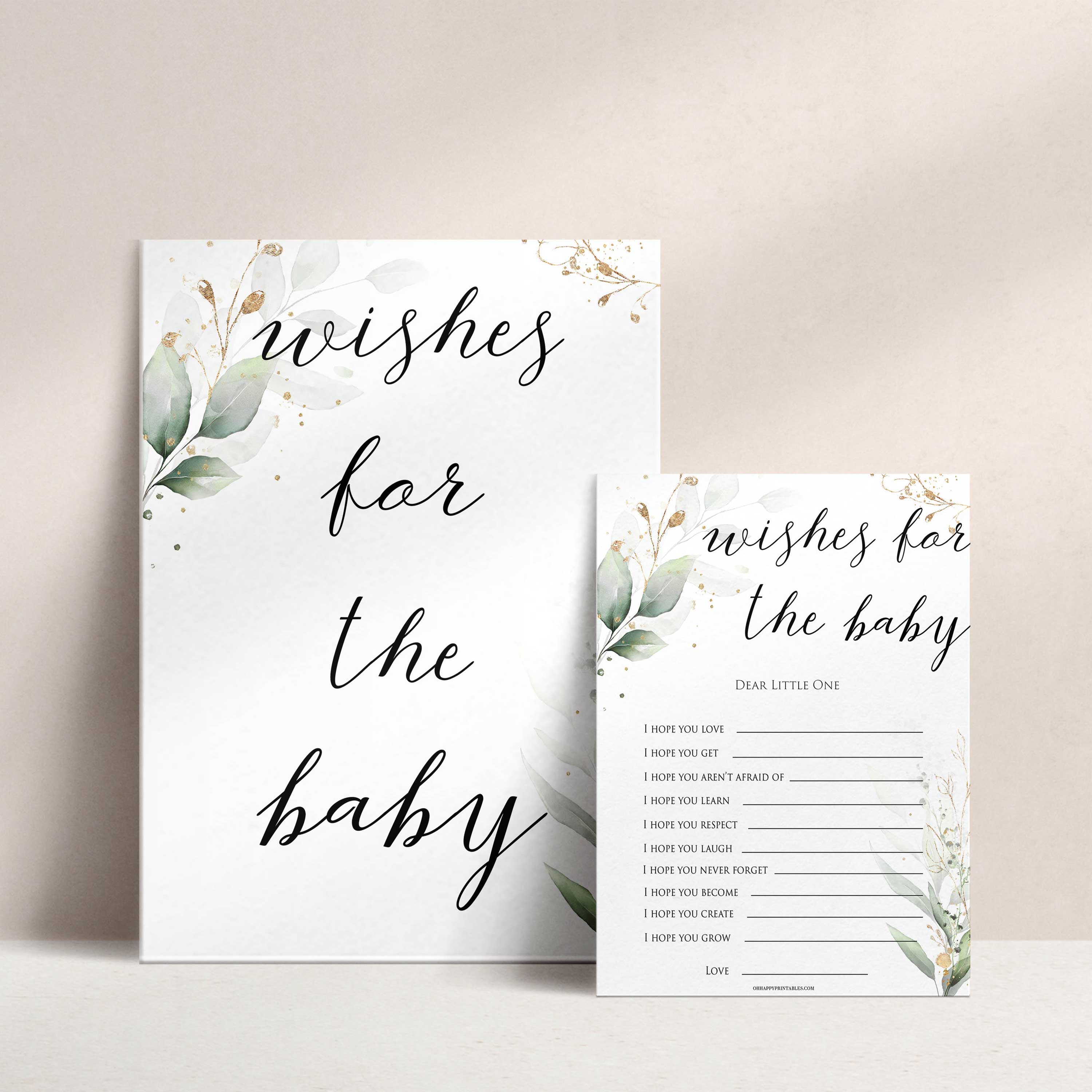  Gold green leaf baby games, wishes for the baby, printable baby games, fun baby games, top baby games to play, gold leaf baby shower, greenery baby shower ideas