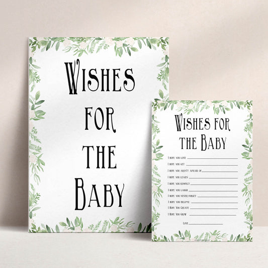 Greenery Wishes For The Baby, Baby Wishes, Wishes for The Baby, Green Floral Baby Shower, Baby Shower Baby Wishes, Baby Wishes Cards, fun baby games, popular baby games
