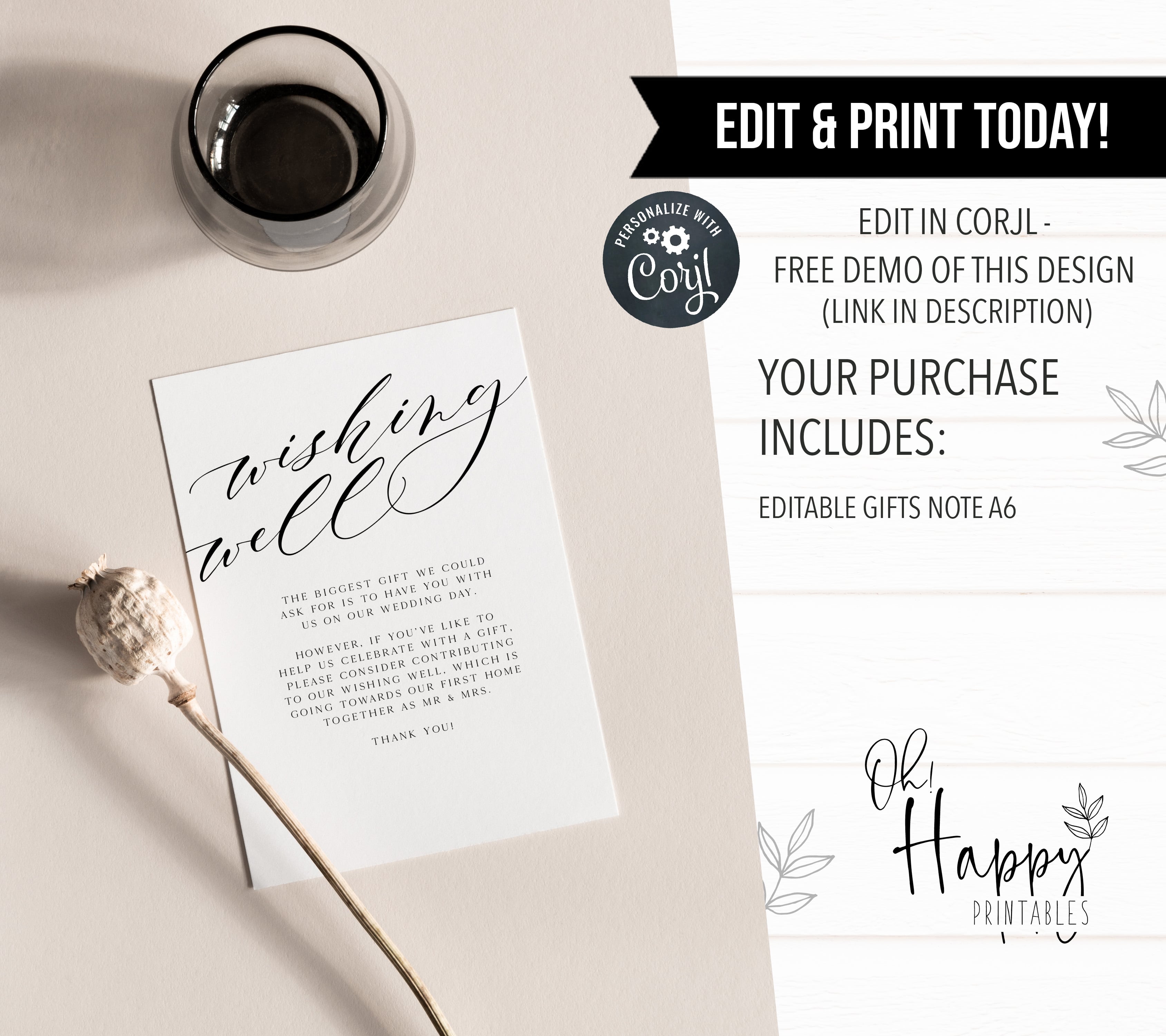 editable wishing well card, CALLIGRAPHY editable wedding invitation suite, editable wedding stationery, printable wedding stationery, modern wedding items, wedding save the dates