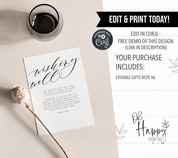 editable wishing well card, CALLIGRAPHY editable wedding invitation suite, editable wedding stationery, printable wedding stationery, modern wedding items, wedding save the dates