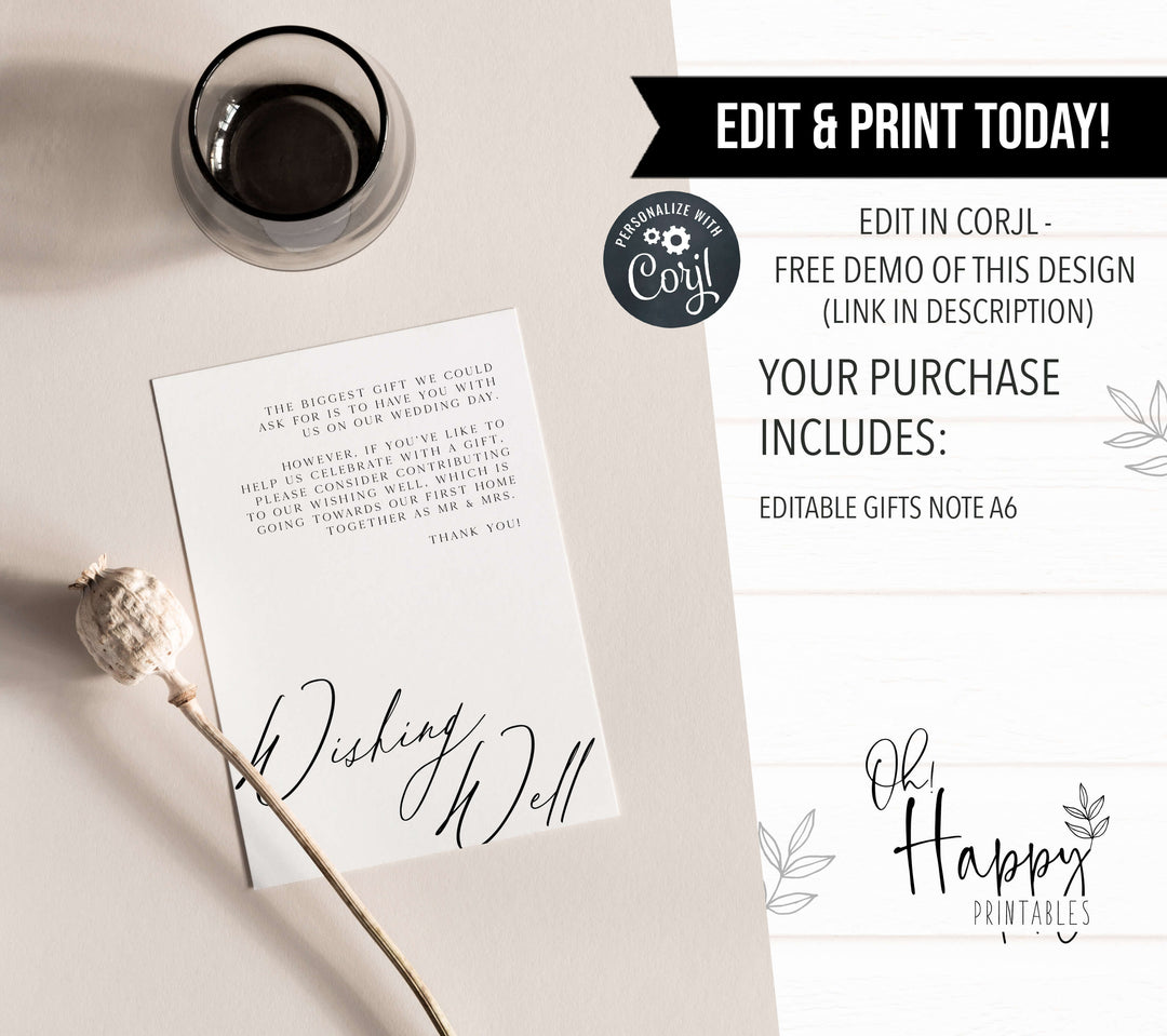 wishing well card, CALLIGRAPHY editable wedding invitation suite, editable wedding stationery, printable wedding stationery, modern wedding items, wedding save the dates