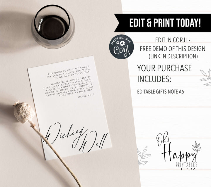 wishing well card, CALLIGRAPHY editable wedding invitation suite, editable wedding stationery, printable wedding stationery, modern wedding items, wedding save the dates