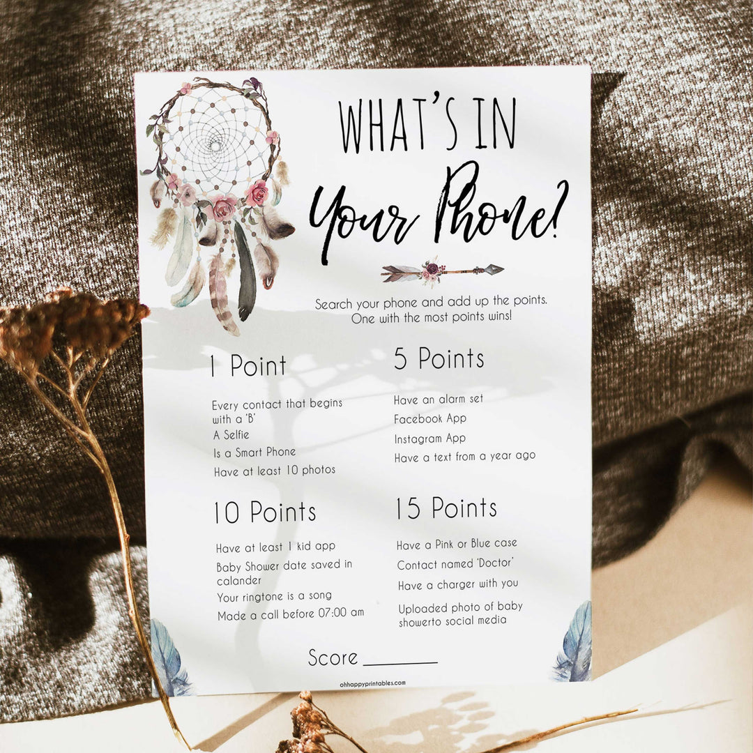 Boho baby games, whats in your phone baby game, fun baby games, printable baby games, top 10 baby games, boho baby shower, baby games, hilarious baby games