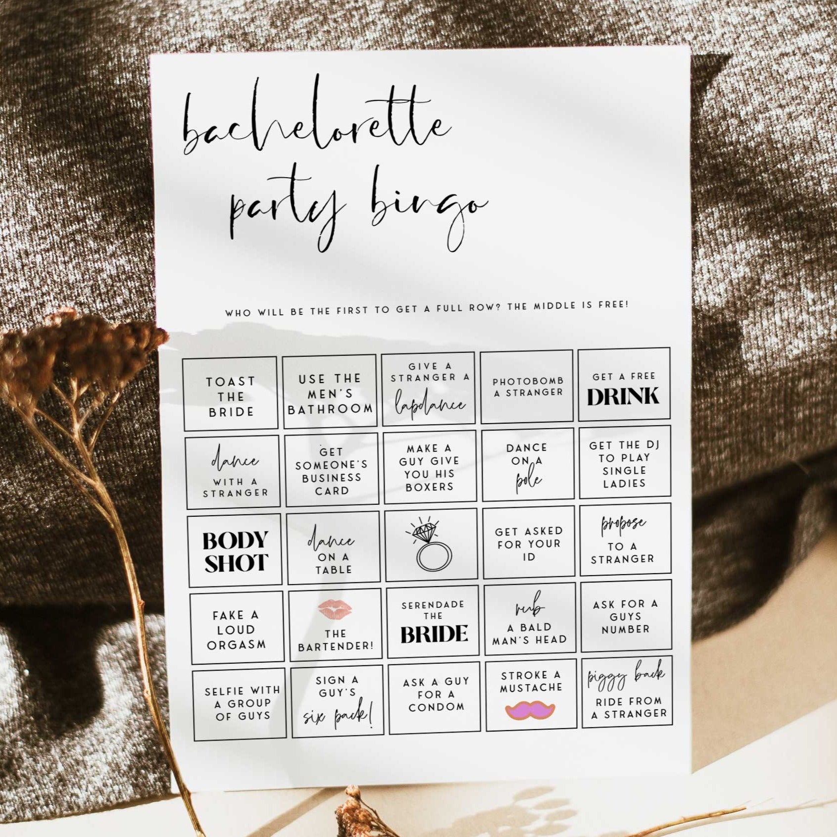 Fully editable and printable bridal shower bachelorette party bingo game with a modern minimalist design. Perfect for a modern simple bridal shower themed party