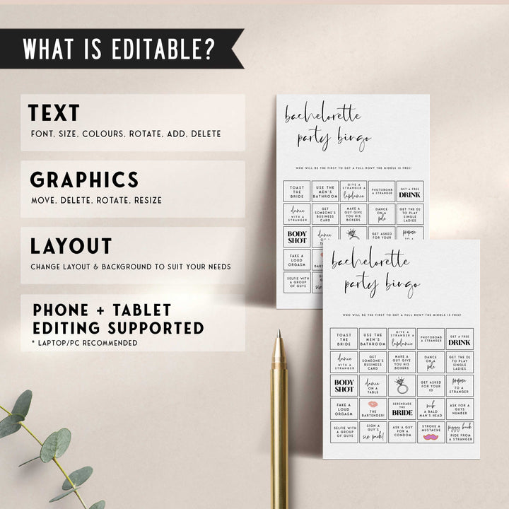 Fully editable and printable bridal shower bachelorette party bingo game with a modern minimalist design. Perfect for a modern simple bridal shower themed party