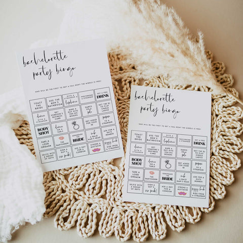 Fully editable and printable bridal shower bachelorette party bingo game with a modern minimalist design. Perfect for a modern simple bridal shower themed party