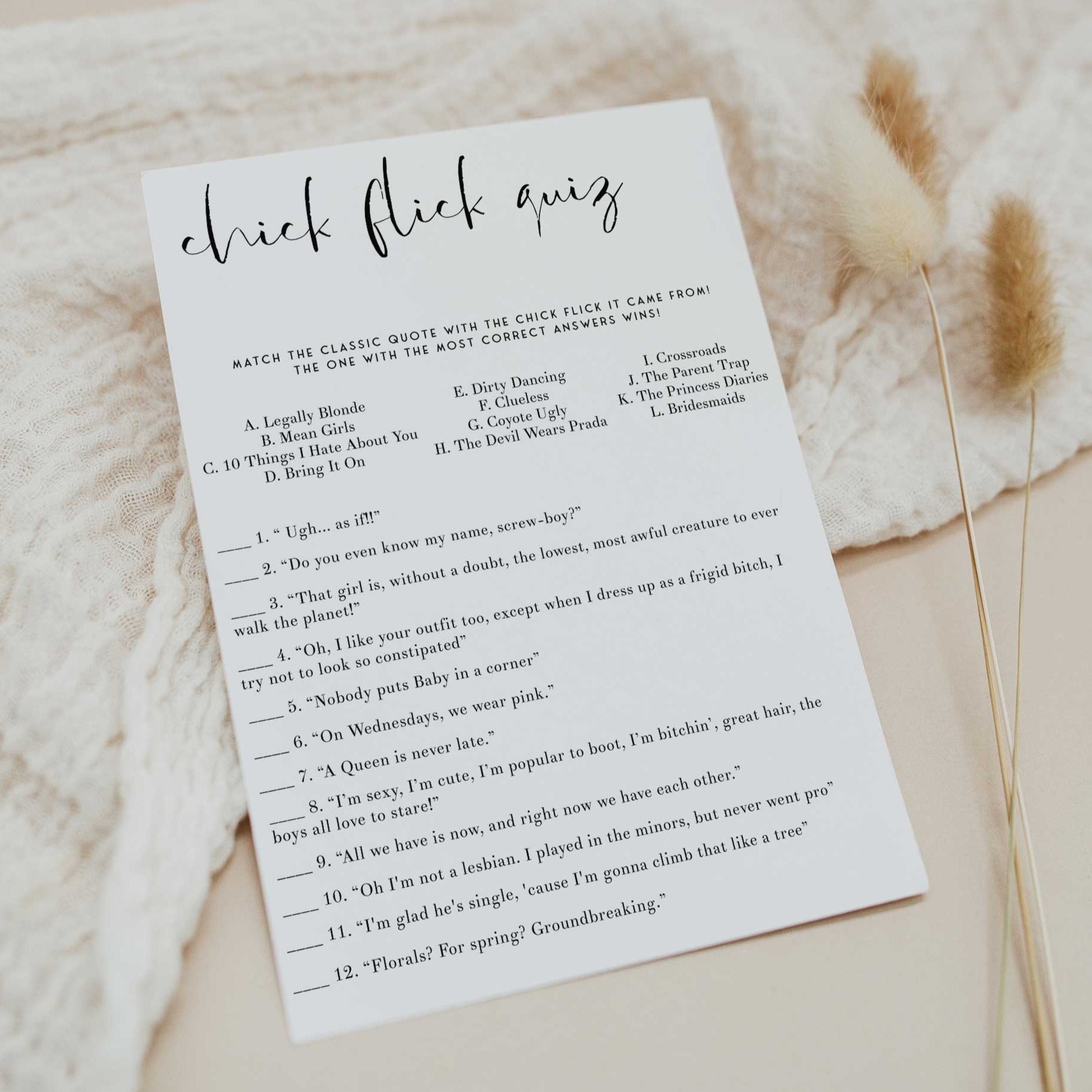 Fully editable and printable bridal shower chick flick quiz game with a modern minimalist design. Perfect for a modern simple bridal shower themed party