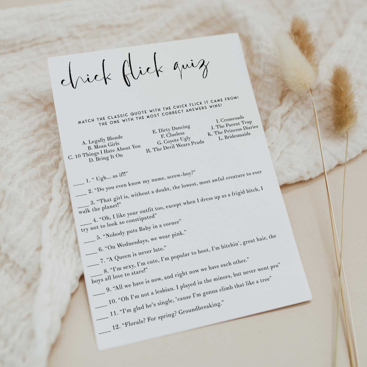 Fully editable and printable bridal shower chick flick quiz game with a modern minimalist design. Perfect for a modern simple bridal shower themed party