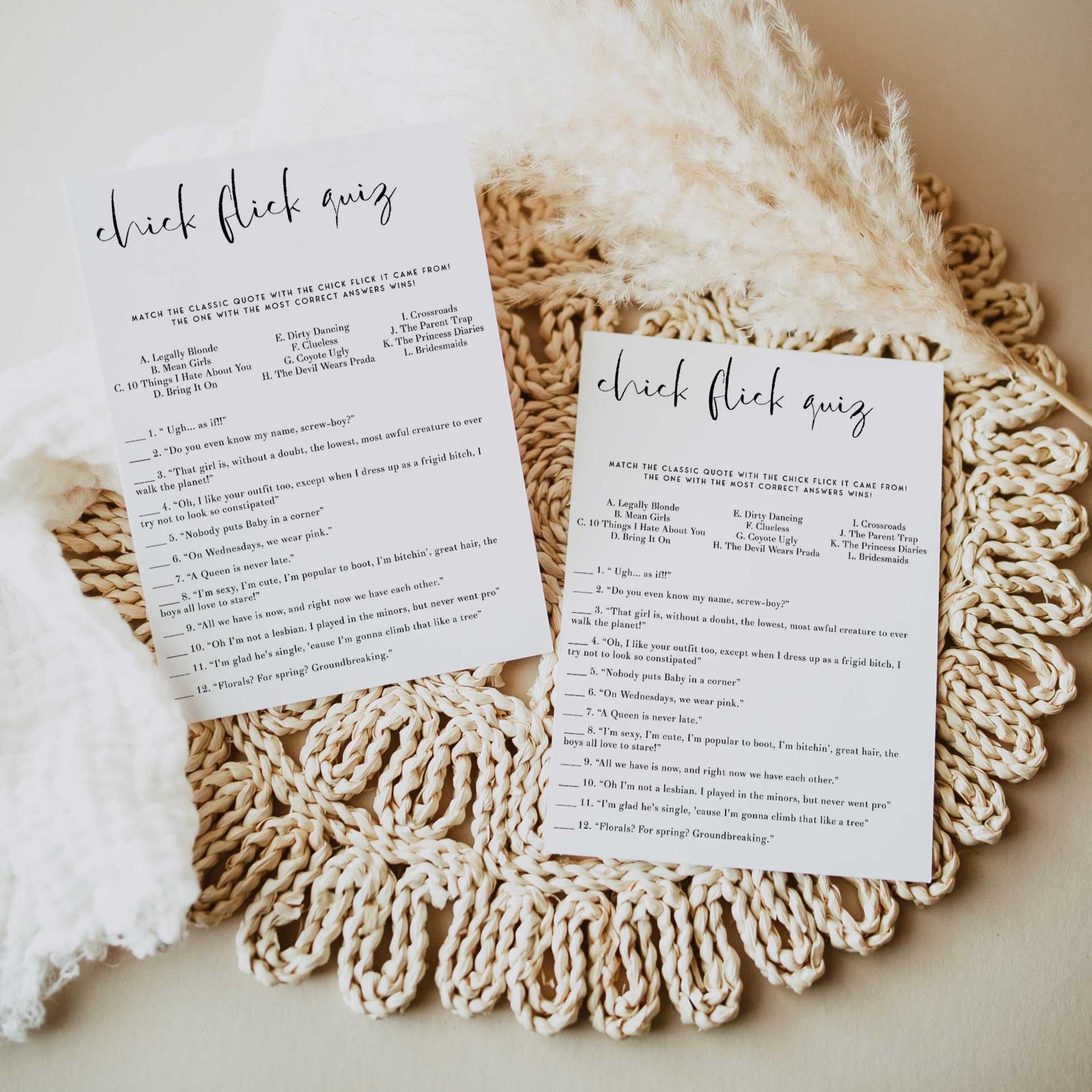 Fully editable and printable bridal shower chick flick quiz game with a modern minimalist design. Perfect for a modern simple bridal shower themed party