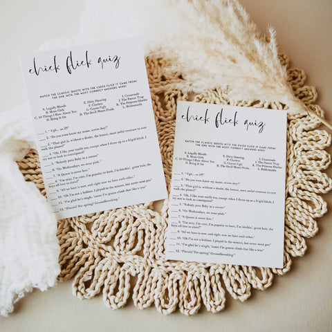 Fully editable and printable bridal shower chick flick quiz game with a modern minimalist design. Perfect for a modern simple bridal shower themed party