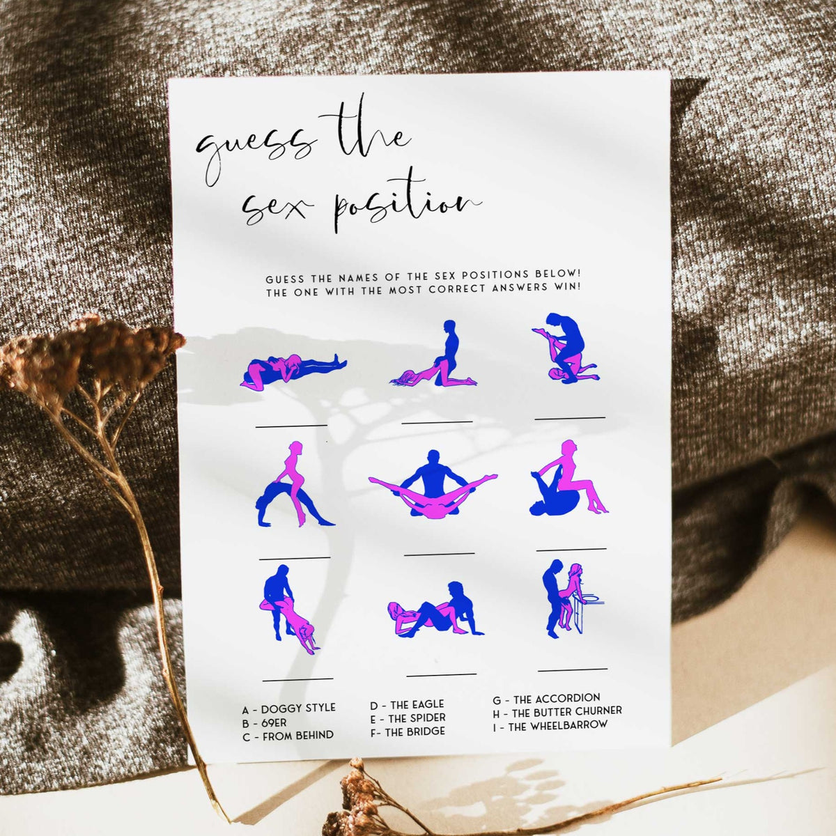 Fully editable and printable bridal shower sex positions game with a modern minimalist design. Perfect for a modern simple bridal shower themed party
