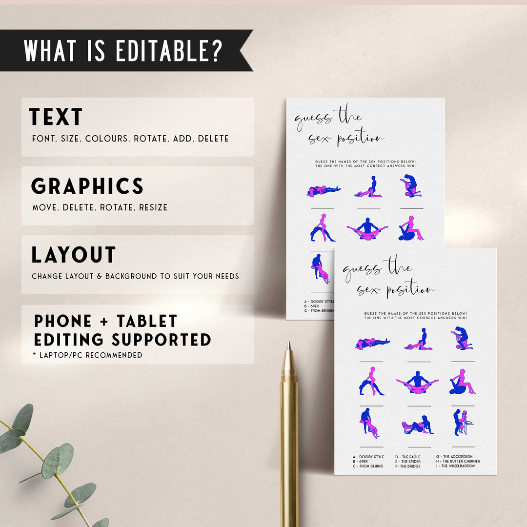 Fully editable and printable bridal shower sex positions game with a modern minimalist design. Perfect for a modern simple bridal shower themed party
