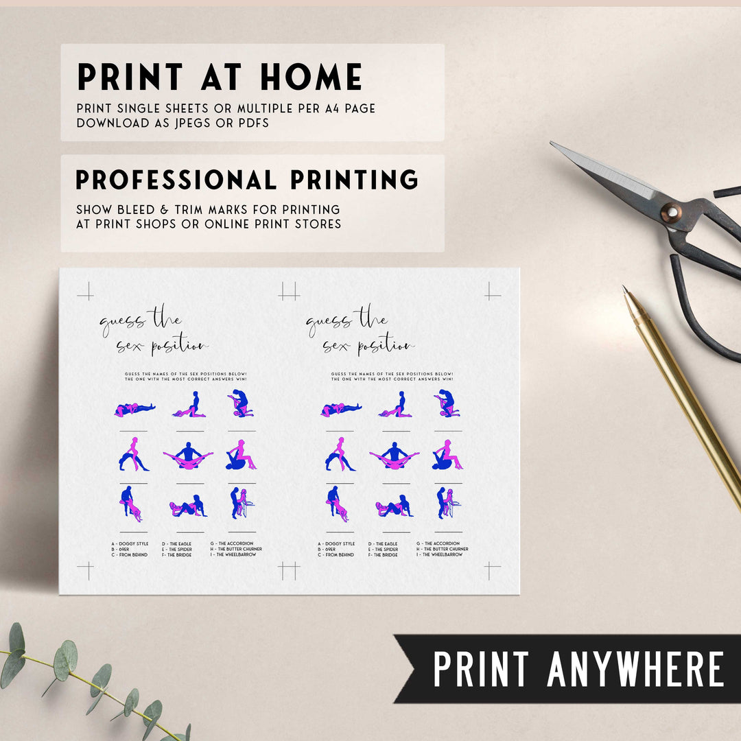 Fully editable and printable bridal shower sex positions game with a modern minimalist design. Perfect for a modern simple bridal shower themed party