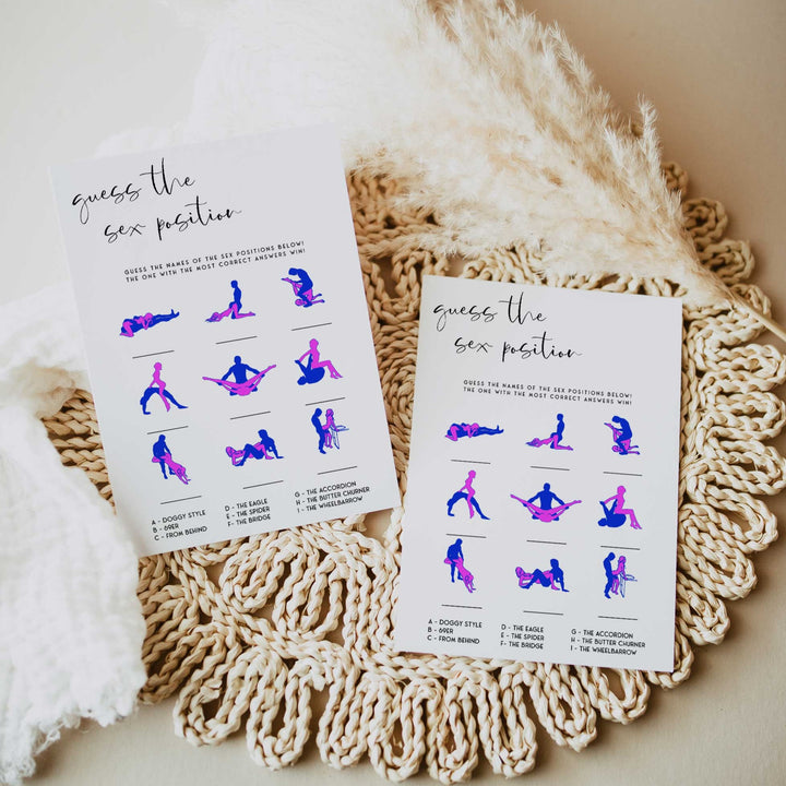 Fully editable and printable bridal shower sex positions game with a modern minimalist design. Perfect for a modern simple bridal shower themed party