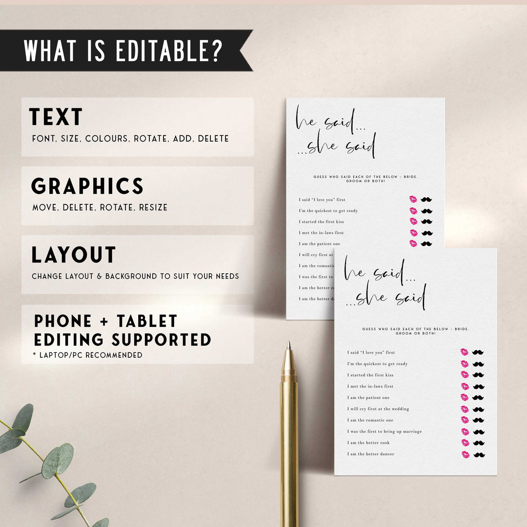 Fully editable and printable bridal shower he said she said game with a modern minimalist design. Perfect for a modern simple bridal shower themed party