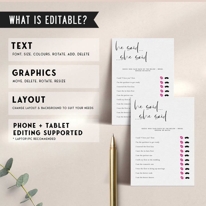 Fully editable and printable bridal shower he said she said game with a modern minimalist design. Perfect for a modern simple bridal shower themed party