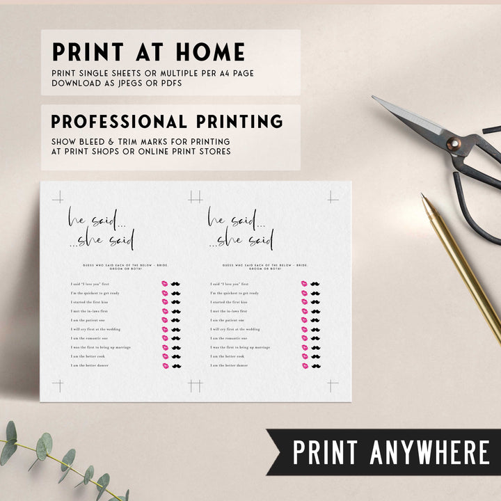 Fully editable and printable bridal shower he said she said game with a modern minimalist design. Perfect for a modern simple bridal shower themed party