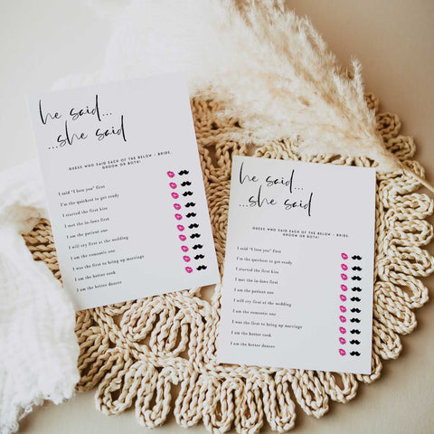 Fully editable and printable bridal shower he said she said game with a modern minimalist design. Perfect for a modern simple bridal shower themed party