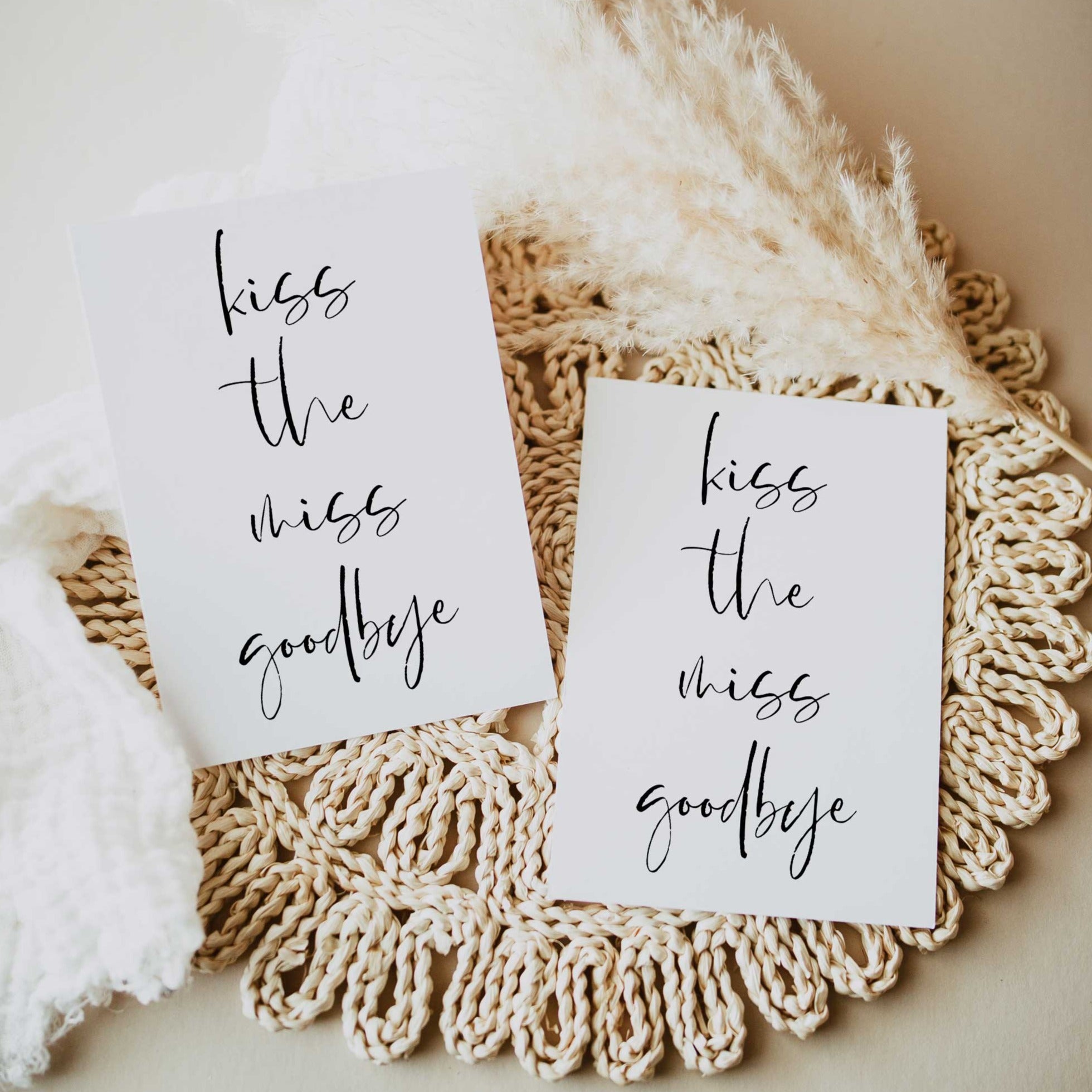 Fully editable and printable bridal shower kiss the miss goodbye game with a modern minimalist design. Perfect for a modern simple bridal shower themed party