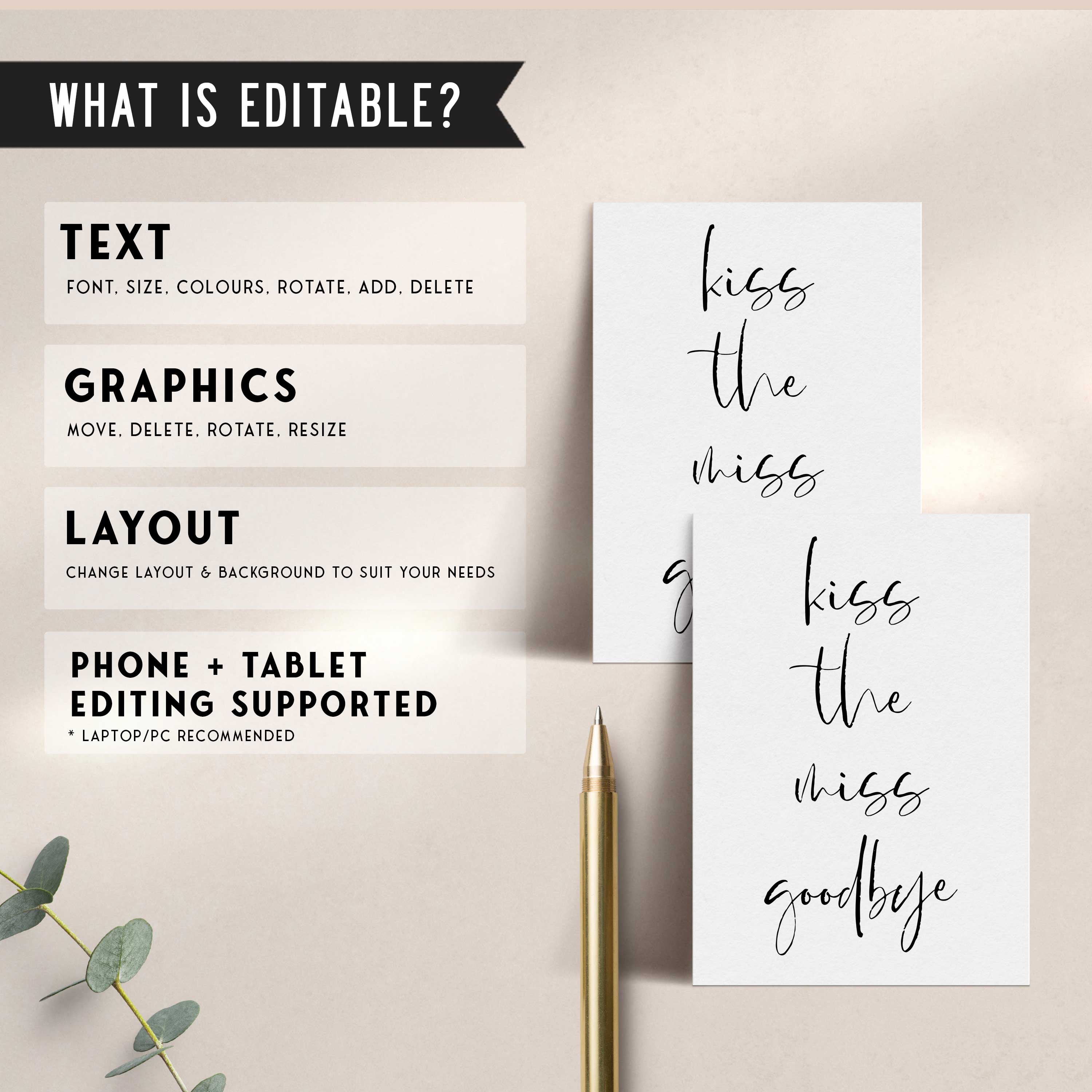 Fully editable and printable bridal shower kiss the miss goodbye game with a modern minimalist design. Perfect for a modern simple bridal shower themed party