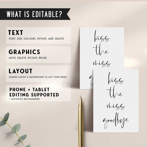 Fully editable and printable bridal shower kiss the miss goodbye game with a modern minimalist design. Perfect for a modern simple bridal shower themed party