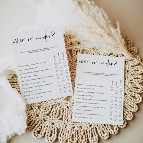 Fully editable and printable bridal shower over or under game with a modern minimalist design. Perfect for a modern simple bridal shower themed party